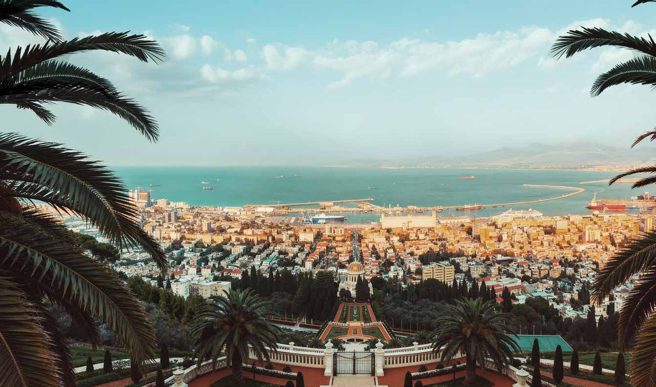 Panorama over the Bahá'í Gardens, downtown Haifa and the Mediterranean