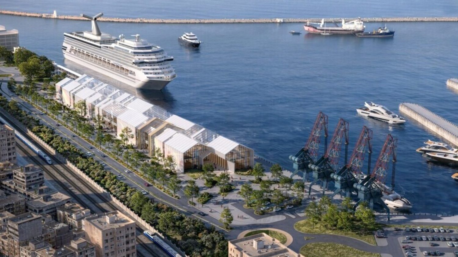 Shaded waterfront promenade with cafés and restaurants opening to the sea